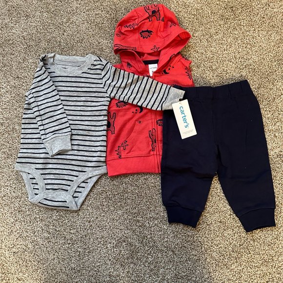 CARTERS WOODLAND LITTLE VEST, STRIPED BODYSUIT & JOGGER PANTS SIZE 6M  #K25 - Picture 2 of 2